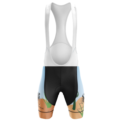 Unisex bib shorts featuring a Mexican desert theme for a unique look.