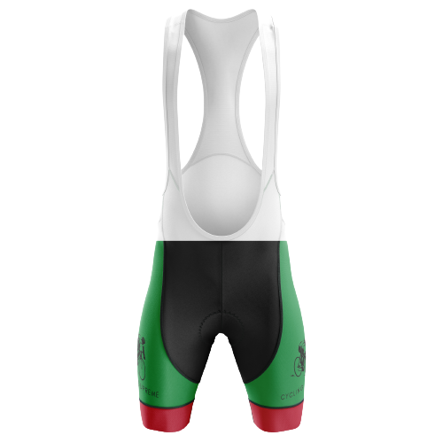 Green and red unisex bib shorts inspired by Mexican colors.