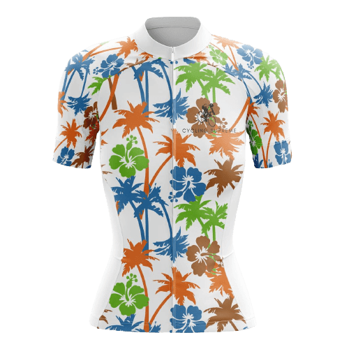 Women's cycling jersey with flower and palm graphics.