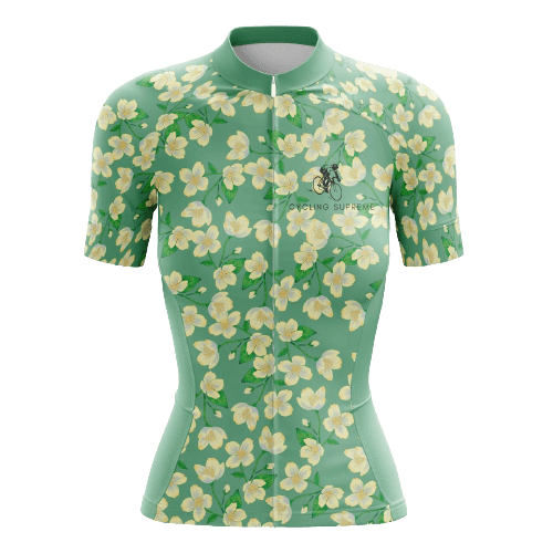 Women's cycling jersey with yellow blossom design.