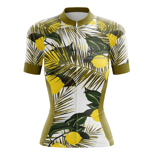 Women's cycling jersey with lemon graphics.