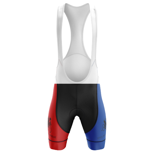 Red and blue unisex bib shorts inspired by Czech colors.