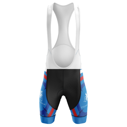 Unisex bib shorts with a blue circle design from Czech Republic.