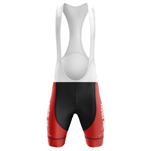 Red and white unisex bib shorts for Canadian cycling enthusiasts.