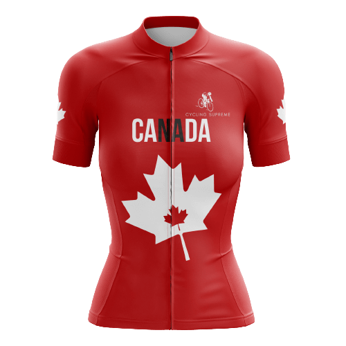 Women's cycling jersey with red/white Canadian leaf.