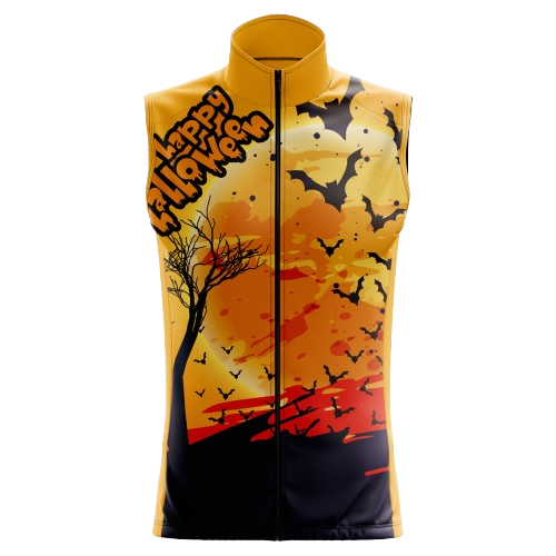 Women's Happy Halloween sleeveless cycling jersey with spooky design and breathable fabric.