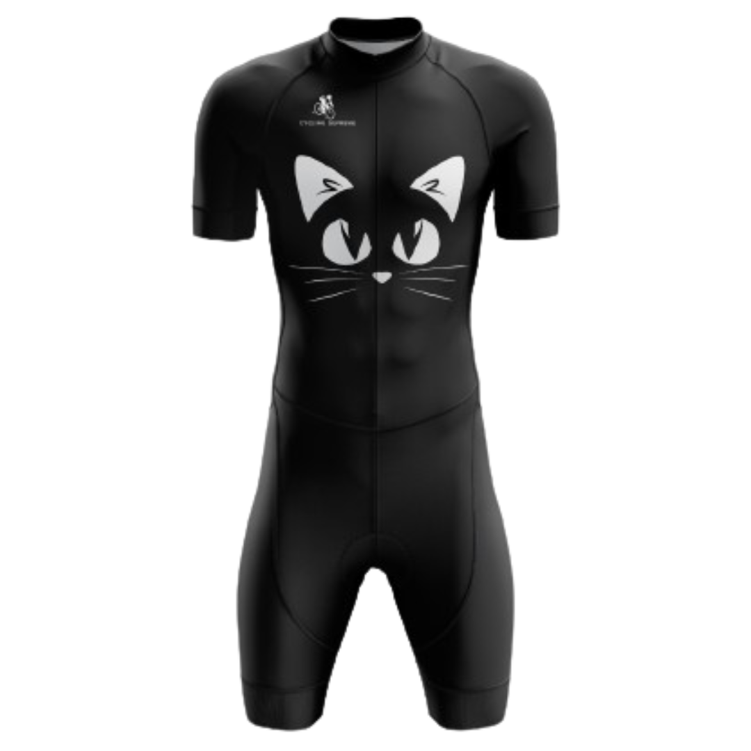 Men's Black Cat triathlon suit featuring a sleek black cat graphic and breathable fabric for superior performance.