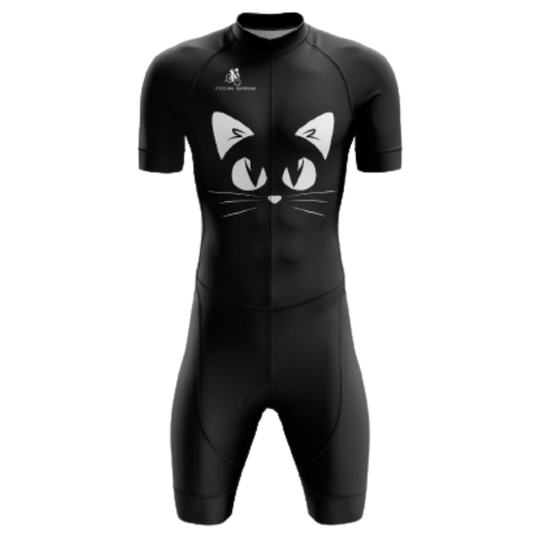 Men's Black Cat triathlon suit featuring a sleek black cat graphic and breathable fabric for superior performance.