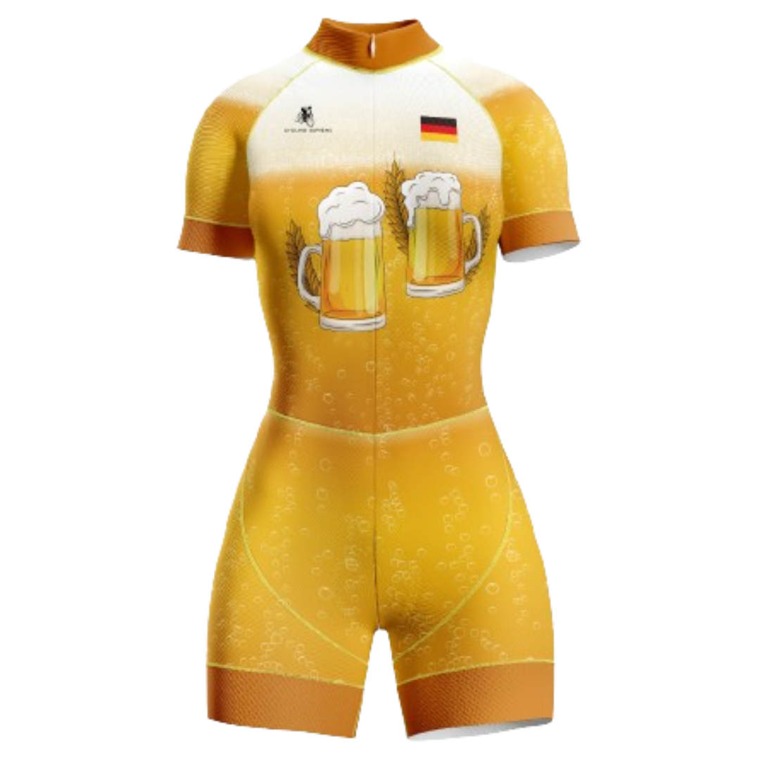 Women's Germany Beer triathlon suit featuring a fun beer-themed design and breathable fabric for peak performance.