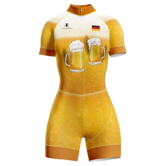 Women's Germany Beer triathlon suit featuring a fun beer-themed design and breathable fabric for peak performance.