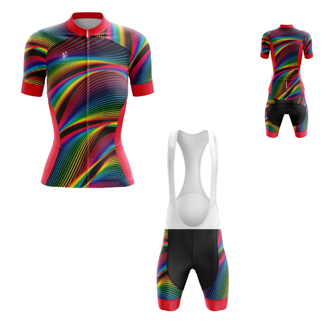 Women's Neon Stripes cycling kit with vibrant neon stripe design and breathable, moisture-wicking fabric for comfort.